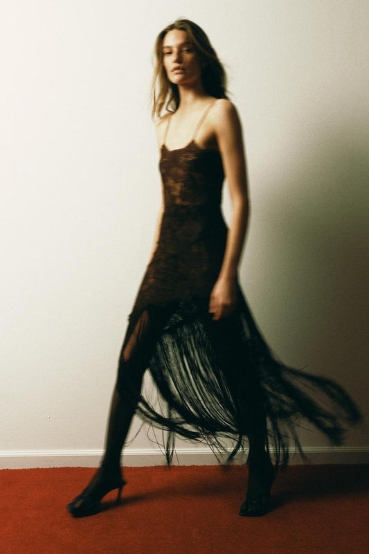 Sheer Lace Fringe Slip Maxi Dress