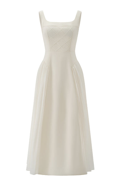 Lunar Ivory Quilted Corset Midi Dress - Moonlit Reverie