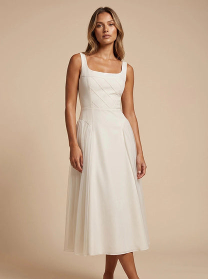 Lunar Ivory Quilted Corset Midi Dress - Moonlit Reverie