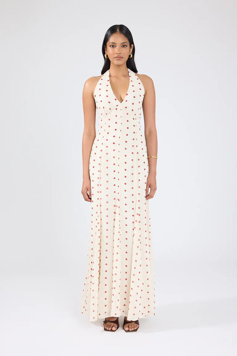 Ivana Halter Chiffon Maxi Dress Cream/Red Polka Dot