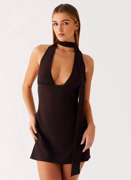 Sienna Deep V Halter Mini Dress - Brown
