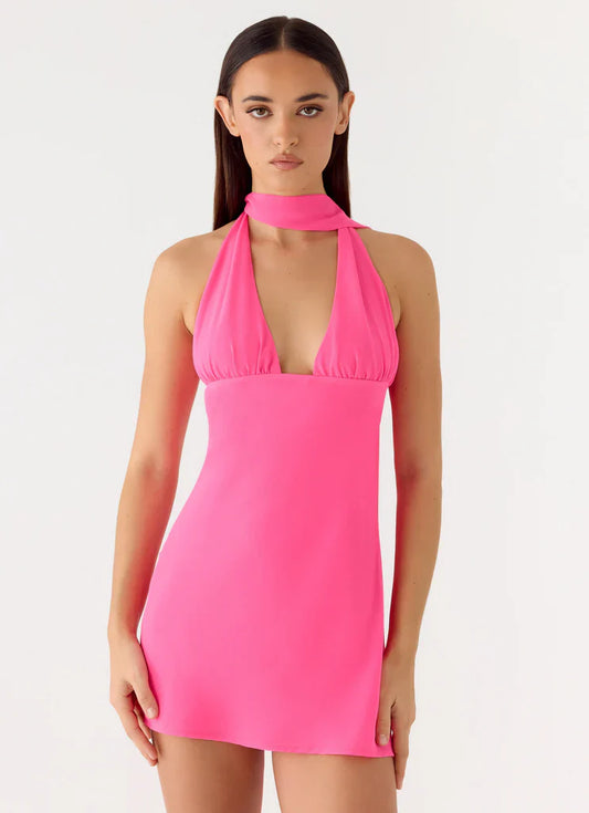 Sienna Deep V Halter Mini Dress - Fuchsia
