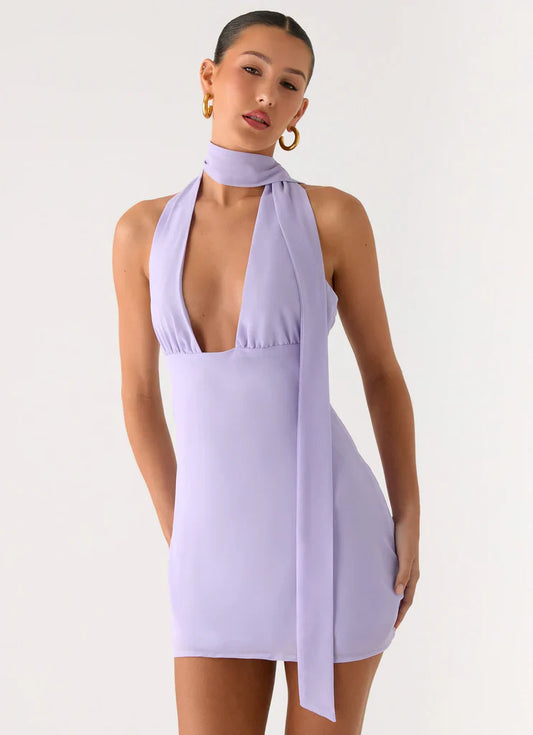 Sienna Deep V Halter Mini Dress - Purple