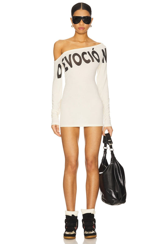 DH Early Spring Collection | "Devoción" Off-the-Shoulder Graphic Ribbed Mini Dress